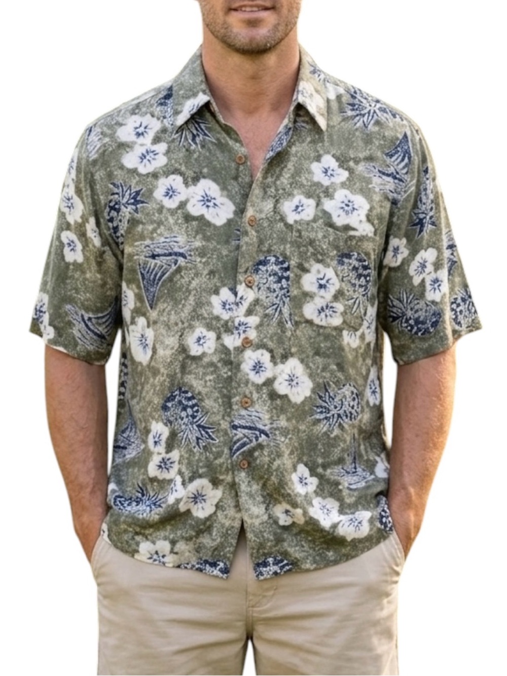 Retro Hana Bay Mens Hawaiian Floral Shirt Green Blue M Button Down Luau
